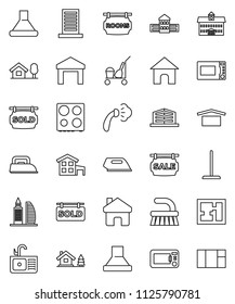 thin line vector icon set - cleaner trolley vector, fetlock, mop, steaming, sink, microwave oven, university, school building, dry cargo, warehouse, home, cottage, chalet, plan, sale signboard, sold