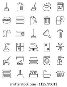 thin line vector icon set - soap vector, plunger, scraper, cleaner trolley, fetlock, mop, scoop, sponge, towel, trash bin, window cleaning, drying clothes, washer, liquid, shining, toilet paper