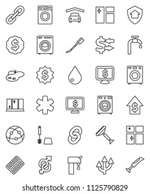 thin line vector icon set - scraper vector, water drop, car fetlock, window cleaning, toilet brush, washer, shining, exchange, dollar growth, medal, monitor, internet, ambulance star, gender sign