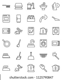 thin line vector icon set - broom vector, vacuum cleaner, fetlock, scoop, sponge, iron, steaming, sink, water tap, pan, kettle, colander, microwave oven, washer, fridge, dishwasher