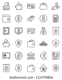 thin line vector icon set - school building vector, bank, dollar coin, gold ingot, credit card, wallet, percent growth, money bag, piggy, investment, check, receipt, medal, shield, safe, monitor