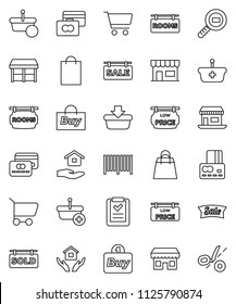 thin line vector icon set - house hold vector, cart, credit card, office, cargo search, sale signboard, rooms, sold, low price, shopping bag, market, store, buy, barcode, basket, list, coupon