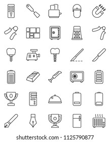 thin line vector icon set - camping cauldron vector, spatula, grater, toaster, dish, pen, award cup, magnet, gold ingot, safe, hand trainer, consolidated cargo, battery, scalpel, tooth implant