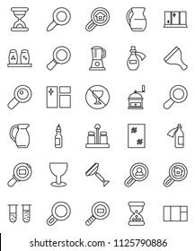 thin line vector icon set - scraper vector, window cleaning, shining, hand mill, spices, jug, oil, magnifier, no alcohol sign, glass, cargo search, vial, sand clock, potion, estate, client, blender