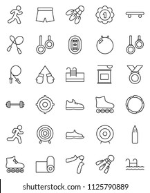 thin line vector icon set - target vector, barbell, jump rope, hand trainer, punching bag, fitball, snickers, boxing glove, shorts, roller Skates, skateboard, medal, sports nutrition, fitness mat