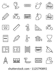 thin line vector icon set - water tap vector, welcome mat, washboard, rolling pin, thermometer, chicken leg, pencil, corner ruler, drawing compass, Railway carriage, glass, tulip, big scales, hdmi