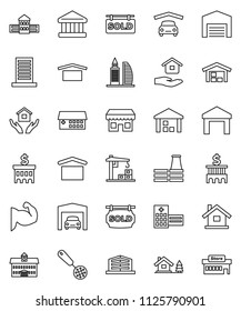 thin line vector icon set - house hold vector, skimmer, university, school building, bank, muscule hand, dry cargo, warehouse, hospital, chalet, garage, barn, sold signboard, office, factory, store