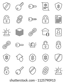 thin line vector icon set - certificate vector, personal information, dollar shield, protected, link, big data, chain, lock, unlock, key, siren, smart home, protect, password
