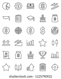 thin line vector icon set - graduate hat vector, clipboard, award cup, certificate, graph, pie, japanese candle, dollar growth, bank building, medal, sign, target, stairways run, top, favorites
