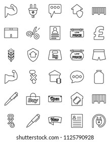 thin line vector icon set - jar vector, pen, personal information, pound, muscule hand, shorts, cereals, no hook, weight, barcode, message, low price signboard, smart home, protect, new, open, buy