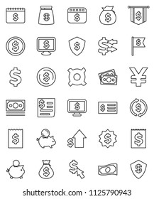 thin line vector icon set - exchange vector, dollar coin, cash, money bag, piggy bank, growth, receipt, medal, flag, shield, calendar, monitor, cursor, any currency, yen sign
