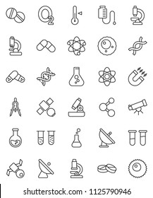 thin line vector icon set - thermometer vector, drawing compass, atom, telescope, microscope, magnet, flask, molecule, oxygen, satellite, antenna, vial, dna, pills, drop counter, ovule