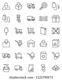 thin line vector icon set - washing powder vector, cereal, delivery, wood box, cargo, no trolley, hook, warehouse, package, search, pills bottle, drop counter, relocation truck, gift