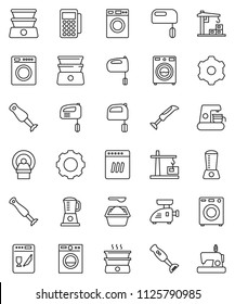 thin line vector icon set - washer vector, washing powder, mixer, double boiler, blender, tomography, gear, construction crane, card reader, dishwasher, coffee maker, meat grinder, sewing machine