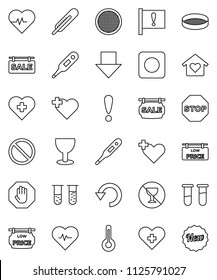 thin line vector icon set - sieve vector, arrow down, heart pulse, prohibition sign, no alcohol, cross, attention, glass, rec button, thermometer, vial, undo, stop, sale signboard, low price, new