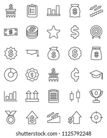 thin line vector icon set - graduate hat vector, clipboard, award cup, graph, pie, japanese candle, money bag, dollar growth, bank building, medal, cent sign, target, stairways run, top, favorites