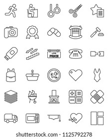 thin line vector icon set - bbq vector, graduate hat, student, backpack, medal, auction, swimsuite, stairways run, gymnast rings, camera, classic phone, heart, pulse, scissors, patch, pills, microbs