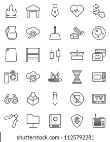 thin line vector icon set - scoop vector, cutting board, jug, pen, glasses, japanese candle, credit card, sand clock, tie, dollar cursor, heart pulse, hand trainer, no alcohol sign, warehouse, tv