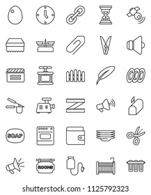 thin line vector icon set - soap vector, clothespin, sponge, plates, cook press, egg, pen, wallet, clock, sand, measuring, cinema clap, satellitie, speaker, loudspeaker, link, drop counter, fence