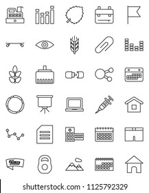 thin line vector icon set - backpack vector, notebook pc, presentation, document, flag, leaf, constellation, weight, shorts, skateboard, calendar, cereals, hoop, equalizer, social media, eye, new