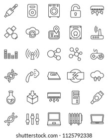 thin line vector icon set - iron vector, steaming, flask, molecule, navigator, satellite, package, gamepad, settings, equalizer, notebook pc, speaker, hdmi, jack, dna, cloud exchange, router, share