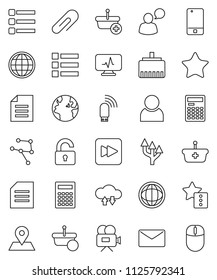 thin line vector icon set - calculator vector, world, document, earth, map pin, video camera, mobile phone, speaking man, favorites, forward button, diagnostic monitor, network, cloud exchange, menu