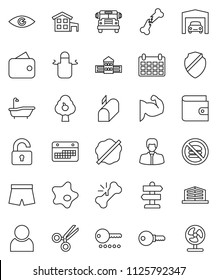 thin line vector icon set - splotch vector, bath, apron, school building, bus, wallet, manager, calendar, muscule hand, shorts, no fastfood, signpost, eye, scissors, broken bone, shield, user, fan