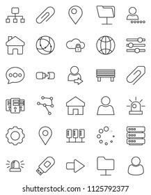 thin line vector icon set - connection vector, network, server, folder, cloud lock, big data, gear, equalizer, usb modem, home, message, bench, arrow, loading, globe, hierarchy, attachment, user