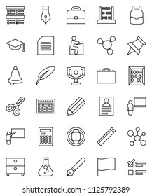 thin line vector icon set - graduate hat vector, pen, pencil, blackboard, ruler, student, case, backpack, bell, calculator, schedule, paper pin, award cup, scissors, abacus, world, document, archive