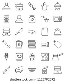 thin line vector icon set - kettle vector, colander, scales, apron, cook glove, towel, press, whisk, knife, cutting board, hand mill, grater, turk coffee, microwave oven, double boiler, cookbook