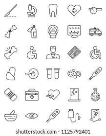 thin line vector icon set - doctor bag vector, disabled, heart pulse, cross, thermometer, flask, vial, eye, gender sign, insemination, scalpel, broken bone, patch, pills blister, mortar, hat, potion