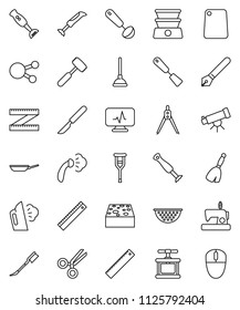 thin line vector icon set - plunger vector, broom, sponge, car fetlock, steaming, pan, colander, cook press, spatula, ladle, meat hammer, cutting board, blender, pen, ruler, drawing compass, scalpel