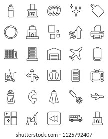 thin line vector icon set - cleaner trolley vector, towel, shining, plates, window, skimmer, cutting board, hand mill, school bus, percent growth, cent sign, scales, water bottle, hoop, route, plane