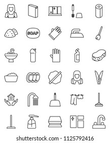 thin line vector icon set - soap vector, broom, mop, scoop, clothespin, sponge, window cleaning, splotch, iron, drying clothes, toilet brush, foam basin, washing powder, liquid, agent, rubber glove