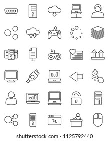 thin line vector icon set - student vector, laptop graph, dollar cursor, heart monitor, support, top sign, gamepad, notebook pc, hdmi, network, cloud exchange, big data, server, browser, share