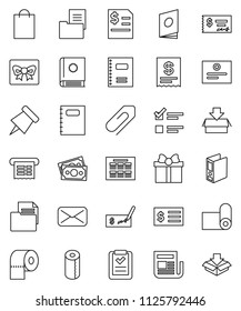 thin line vector icon set - toilet paper vector, copybook, schedule, pin, certificate, exam, check, annual report, receipt, binder, fitness mat, money, document, newspaper, mail, attachment, estate