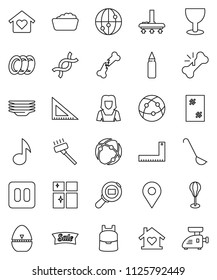 thin line vector icon set - vacuum cleaner vector, window cleaning, foam basin, plates, shining, woman, cook timer, ladle, corner ruler, backpack, music, punching bag, glass, cargo search, internet