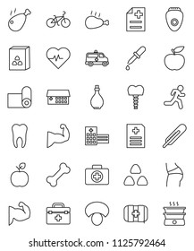 thin line vector icon set - oil vector, cereal, mushroom, chicken leg, apple fruit, diet, heart pulse, bike, muscule hand, buttocks, fitness mat, first aid kit, bone, run, doctor bag, thermometer