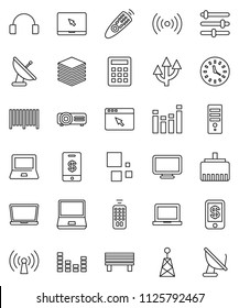 thin line vector icon set - notebook pc vector, clock, antenna, equalizer, remote control, headphones, big data, browser, lan connector, bench, loading, route arrow, wireless, barcode, calculator