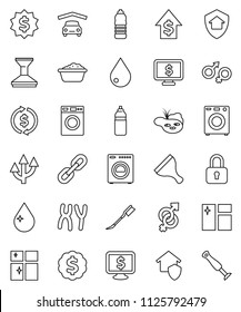 thin line vector icon set - scraper vector, water drop, car fetlock, window cleaning, washer, foam basin, shining, exchange, dollar growth, medal, monitor, bottle, gender sign, chromosomes, chain