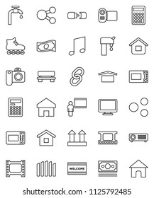 thin line vector icon set - welcome mat vector, microwave oven, blackboard, calculator, music, cash, roller Skates, money, dry cargo, top sign, film frame, monitor, link, share, home, bench, fence