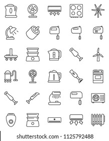 thin line vector icon set - vacuum cleaner vector, kettle, mixer, oven, double boiler, blender, table lamp, rca, windmill, air conditioner, ari condition, epilator, fan, heater