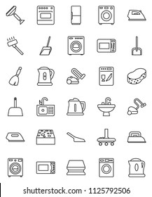 thin line vector icon set - scraper vector, broom, vacuum cleaner, scoop, sponge, iron, washer, sink, kettle, microwave oven, fridge, dishwasher