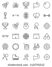 thin line vector icon set - award cup vector, target, barbell, weight, jump rope, punching bag, fitball, muscule hand, boxing glove, shorts, roller Skates, skateboard, medal, sports nutrition, pool