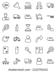 thin line vector icon set - scraper vector, vacuum cleaner, fetlock, car, window cleaning, iron, steaming, agent, woman, dollar cursor, phone 24, support, delivery, cargo search, doctor, amkbulance