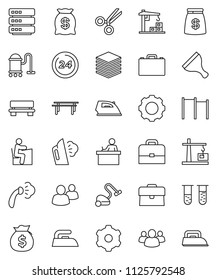 thin line vector icon set - scraper vector, vacuum cleaner, iron, steaming, student, case, money bag, horizontal bar, group, vial, scissors, big data, gear, bench, construction crane, 24 hour
