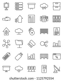 thin line vector icon set - presentation vector, archive, personal information, graph, dollar growth, binder, board, barcode, music hit, social media, server, network folder, cloud, exchange, upload