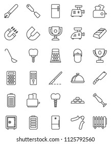 thin line vector icon set - camping cauldron vector, spatula, ladle, knife, grater, toaster, dish, pen, award cup, magnet, gold ingot, safe, hand trainer, battery, scalpel, tooth implant, fridge