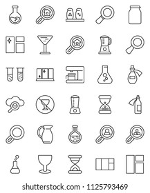 thin line vector icon set - window cleaning vector, shining, spices, jug, jar, magnifier, flask, no alcohol sign, glass, vial, sand clock, potion, cloud, search estate, client, coffee maker, blender