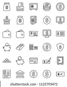 thin line vector icon set - school building vector, bank, dollar coin, gold ingot, credit card, wallet, piggy, check, receipt, medal, shield, safe, monitor, money bag, reader